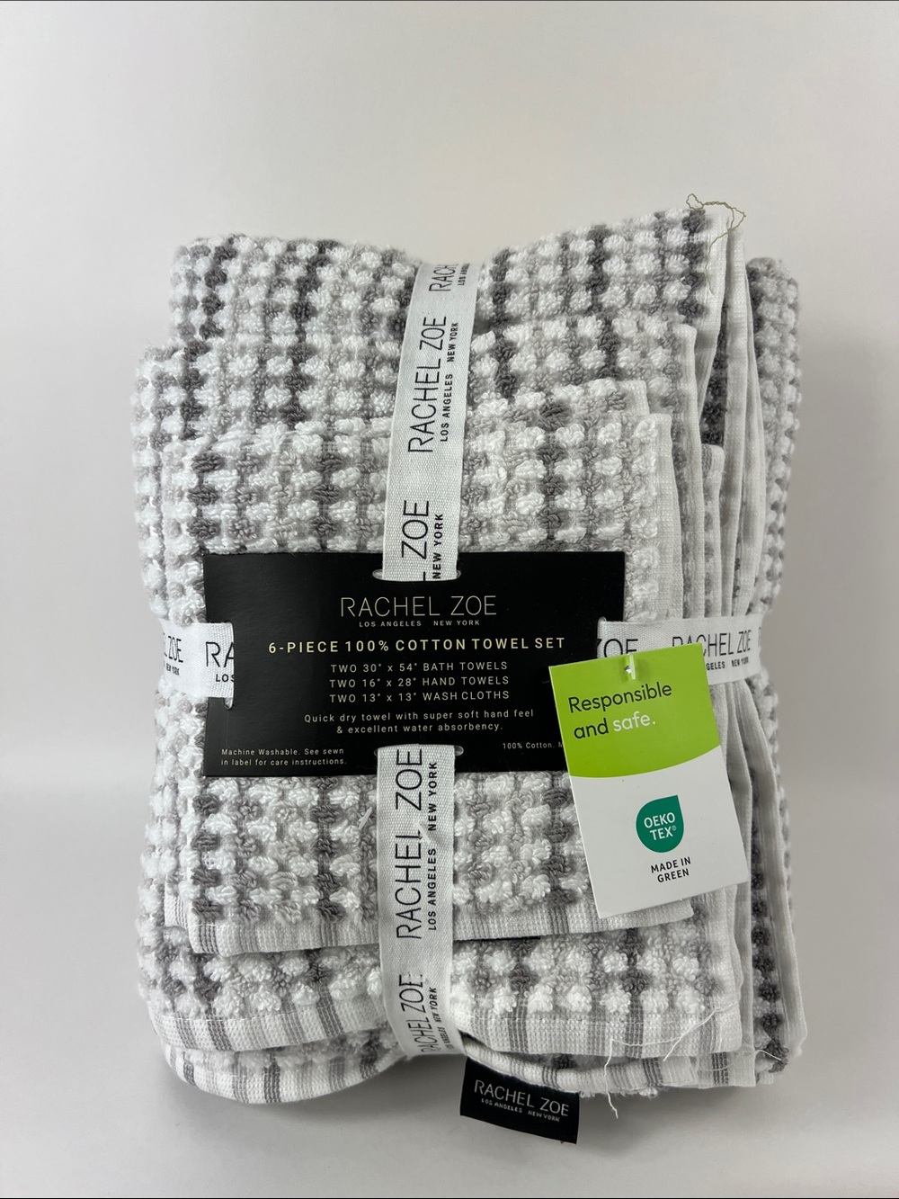 Rachel Zoe Towel Set Taupe Gray White Waffle Weave Soft 100% Cotton 6 Pc Set NEW